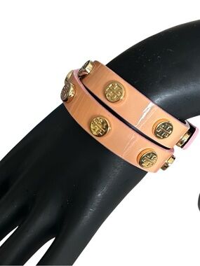 Tory Burch Double Wrap Logo Studded Blush Pink Shiny Leather Bracelet